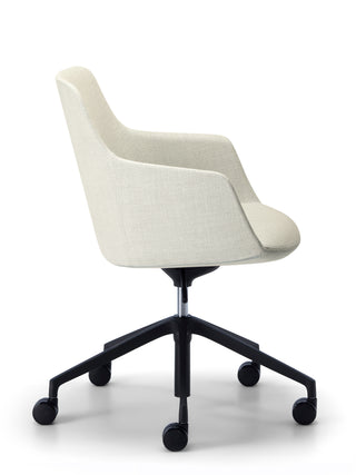 Side cream office chair with black wheels on a white background