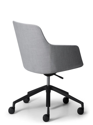 Angle gray office chair with black wheels on a white background