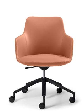 Peach office chair with black wheels on a white background