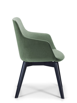 Green chair with black legs on a white background