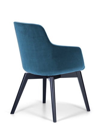 Blue chair with black legs on a white background