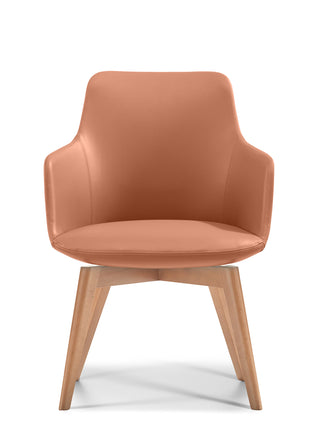 Cushioned chair with wooden legs on a white background