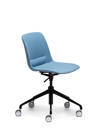 Nu Soul angle blue office chair with black swivel base on a white background
