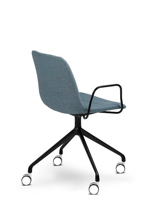 Modern office chair with blue upholstered seat and backrest on a white background