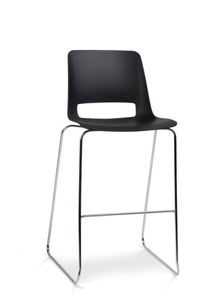 Front angle Nu Soul black bar stool with metal legs on a white background