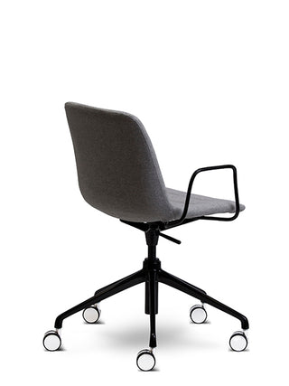 Gray office chair with black base and wheels on a white background