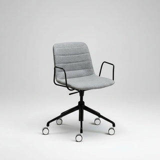 Gray office chair with black frame and wheels on a white background