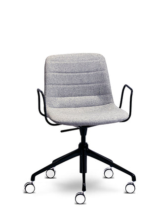 Gray office chair with black frame and wheels on a white background