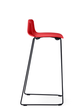 Red bar stool with black metal legs on a white background