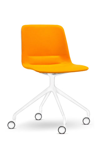 Yellow chair with white wheels on a white background