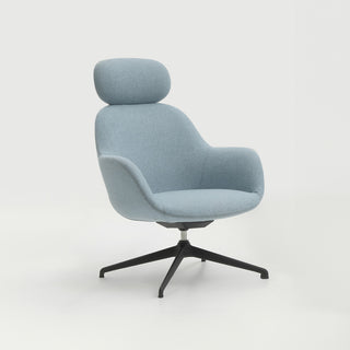 Blue armchair with a black swivel base on a white background