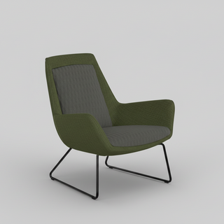 Green armchair with black metal legs on a white background