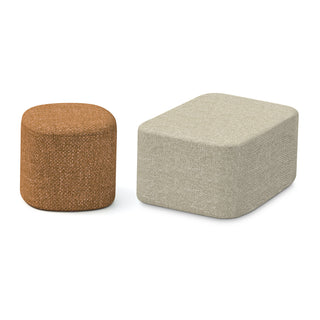 Two textured stools, one round and one rectangular, on a white background
