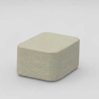 Ashley rounded ottoman with textured beige fabric on a light gray background