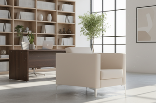 Beige armchair with white legs on a light gray background