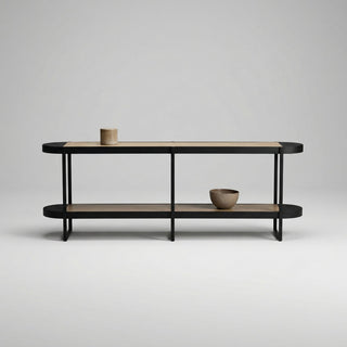 Two-tiered shelf on a plain background