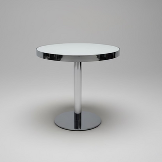 Colour backed glass top table with polished edge band