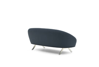 Modern navy blue sofa with silver legs on a white background