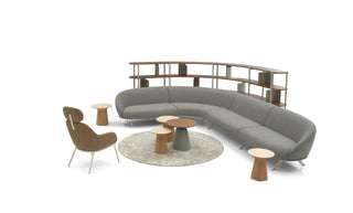 Modern living room furniture set with a curved gray sofa, wooden chairs, and side tables on a white background.