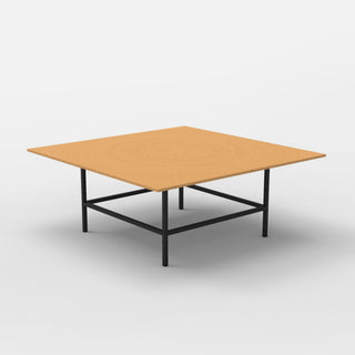 Wooden table with black metal legs on a grey background