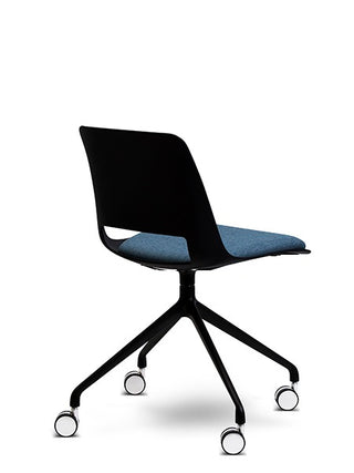 Modern office chair with black frame and blue seat on a white background