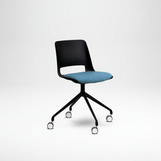 Modern office chair with black frame and blue seat on a white background