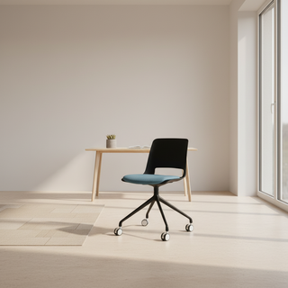 Modern office chair with blue seat in a minimalistic room with a desk and plant.