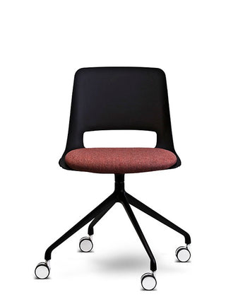 Modern office chair with black frame and red cushion on a white background