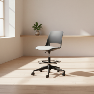 Black office chair with white seat on a white background