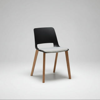 Chair with black backrest and gray seat on wooden legs against a white background