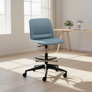 Blue office chair with a chrome footrest on a white background