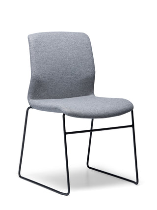 Odin Sled fabric front angle upholstered chair with black metal legs on a white background