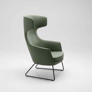 Modern green chair with a black metal frame on a white background