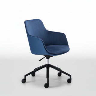 Blue office chair with black wheels on a white background