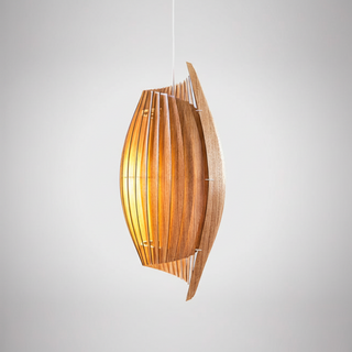 Wooden pendant light with a modern design on a gray background