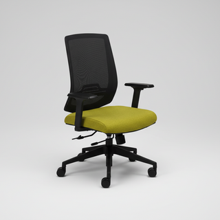 Green office chair with black mesh backrest on a white background