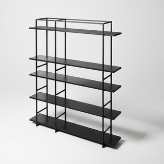 Black metal bookshelf on a white background