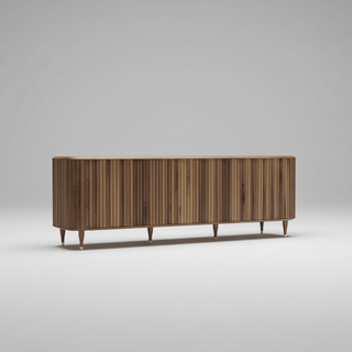 Wooden sideboard with fluting detail on a gray background