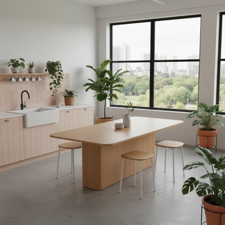 Modern kitchen with wooden dining table and stools, large window with city view