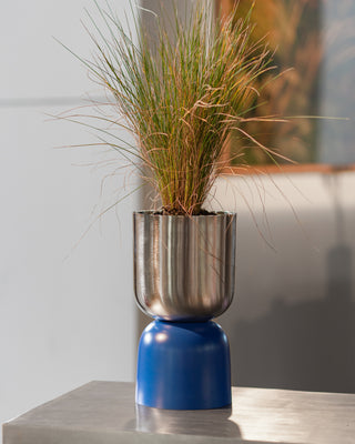 Blue/Nickel planter with grass on a blue base against a neutral wall.