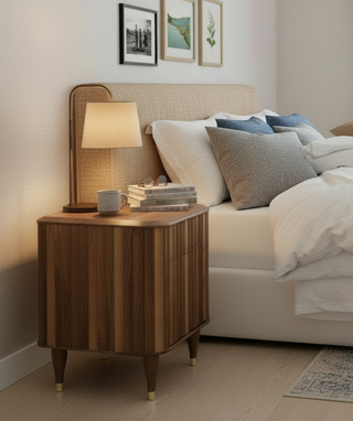 Timber bedside table in situ bedroom view
