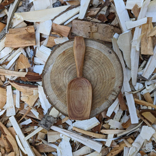 Wooden serving spoon on wooden slice surrounded by wood shavings