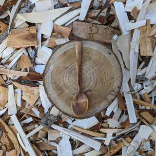 Wooden yogurt spoon on wood slice surrounded by shavings